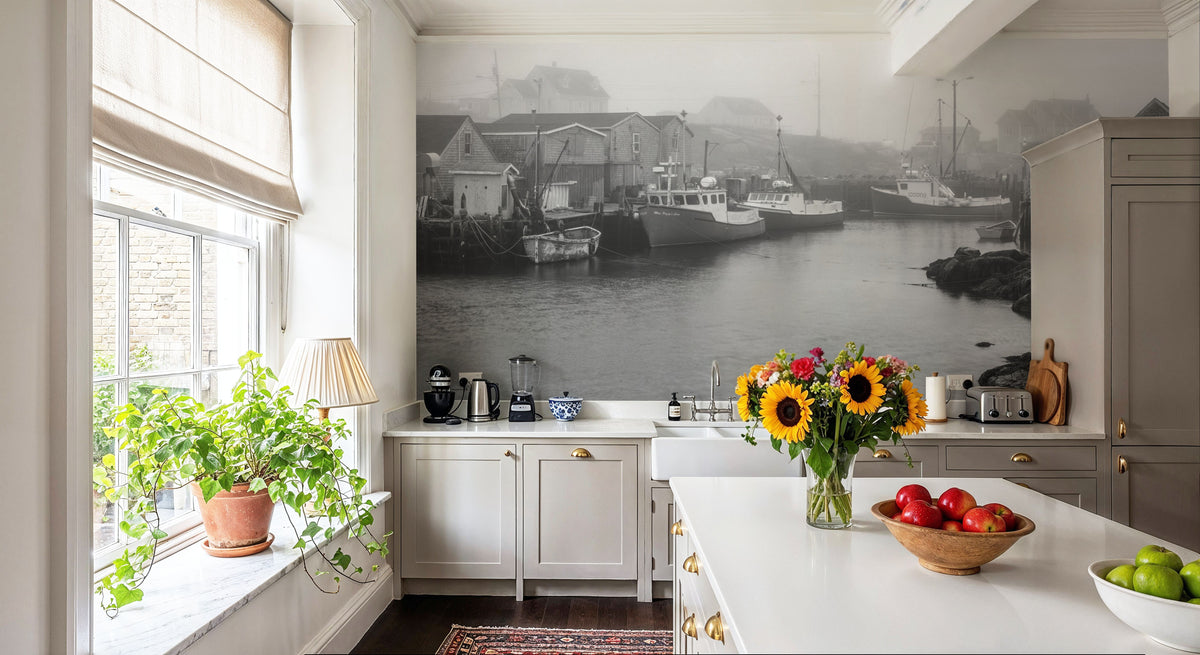 Foggy Fishing BW Mural Wallpaper - room preview 02