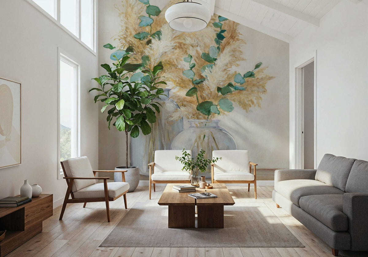 Pampas and Eucalyptus Bouquets Mural Wallpaper - room preview 02