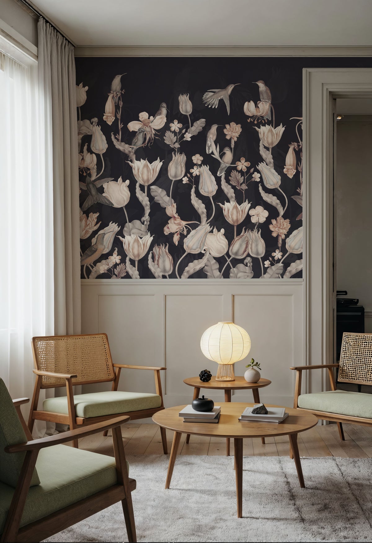 Tulips & Birds, Midnight Mural Wallpaper - room preview 02