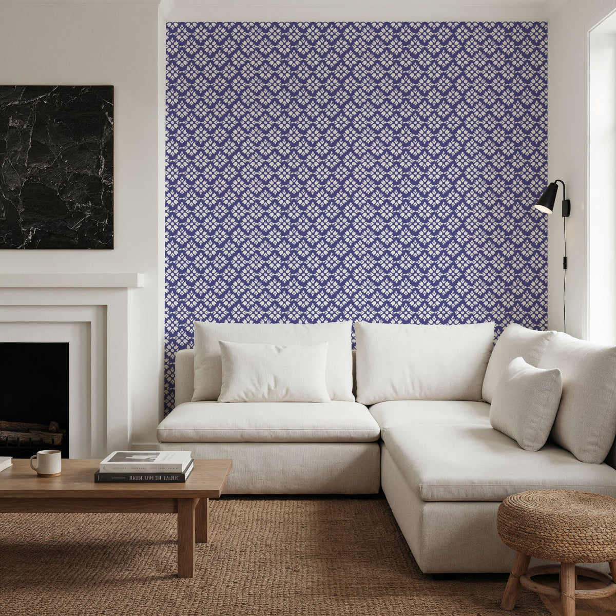 Botanical Stamps Blue Mural Wallpaper - room preview 02