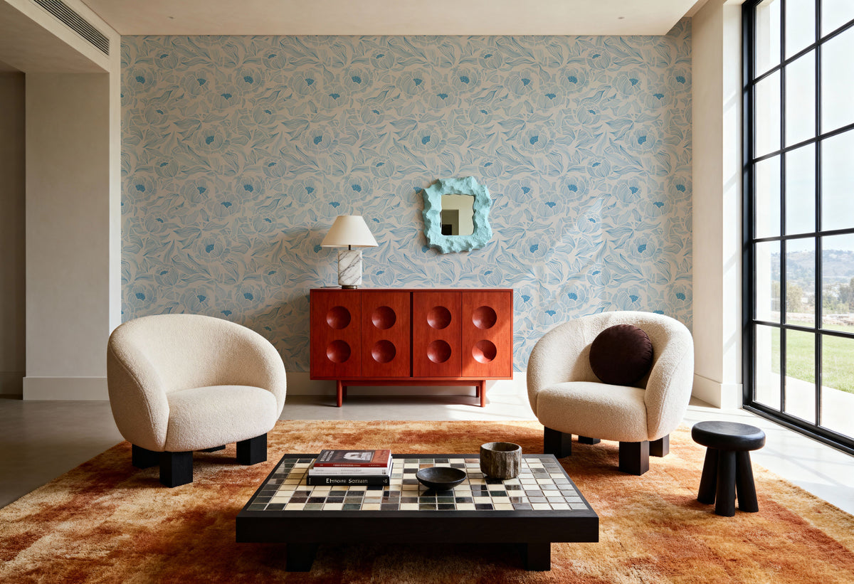 Hidden Peonies, Blue on Beige Mural Wallpaper - room preview 02