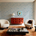 Hidden Peonies, Blue on Beige Mural Wallpaper - room preview 02