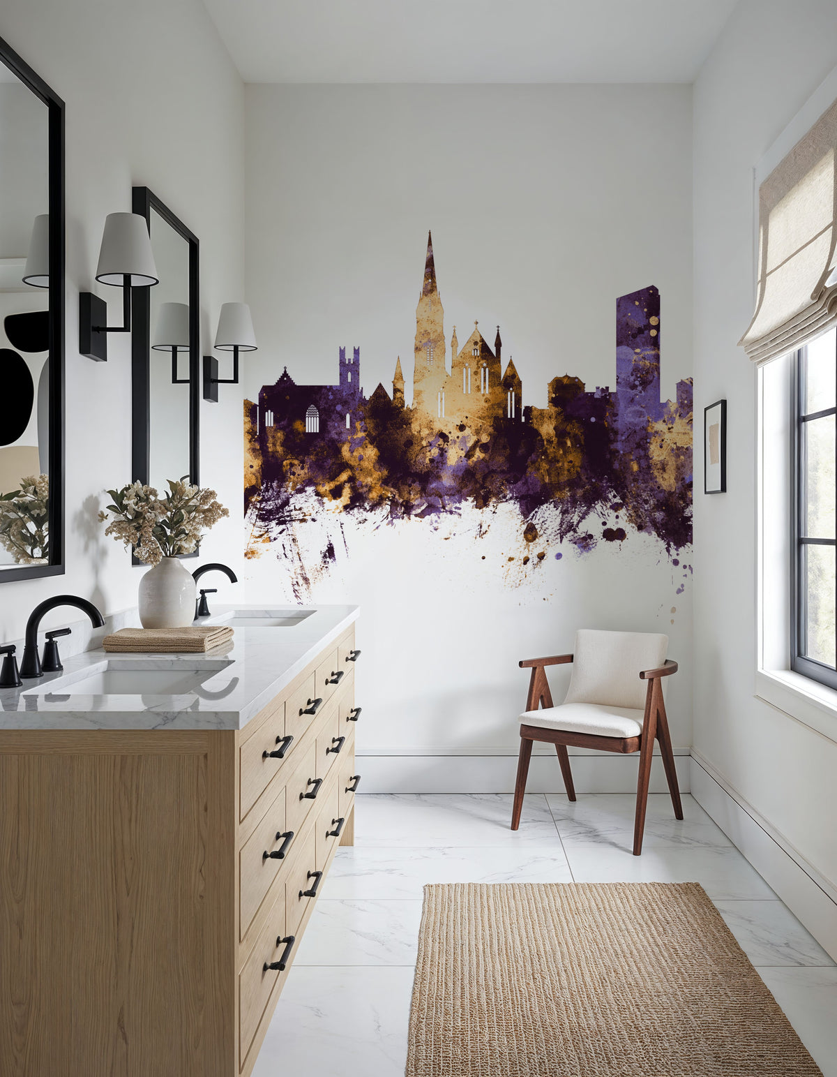 Limerick Ireland Skyline Purple & Gold Mural Wallpaper - room preview 02