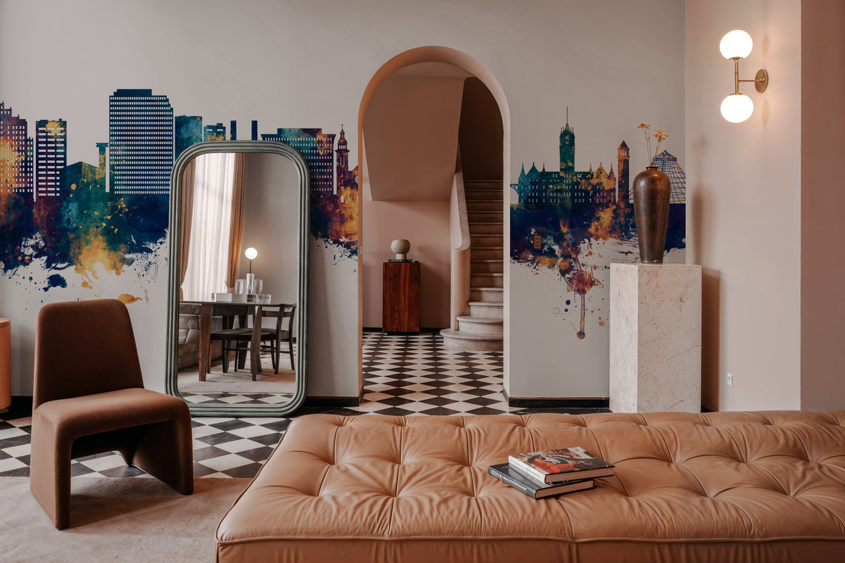 Spokane Washington Skyline Blue & Bronze Mural Wallpaper - room preview 02