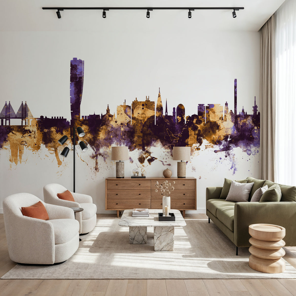 Malmö Sweden Skyline Purple & Gold Mural Wallpaper - room preview 02