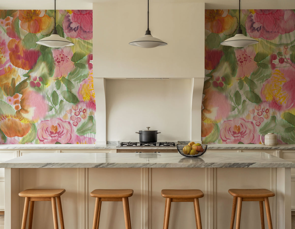 Colourful Watercolor Painted Floral Mural Wallpaper - room preview 02