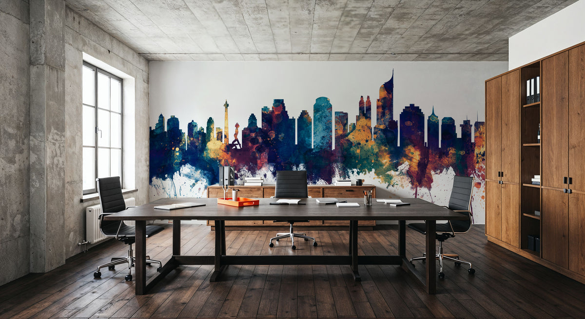 Jakarta Skyline Indonesia Blue & Bronze Mural Wallpaper - room preview 02
