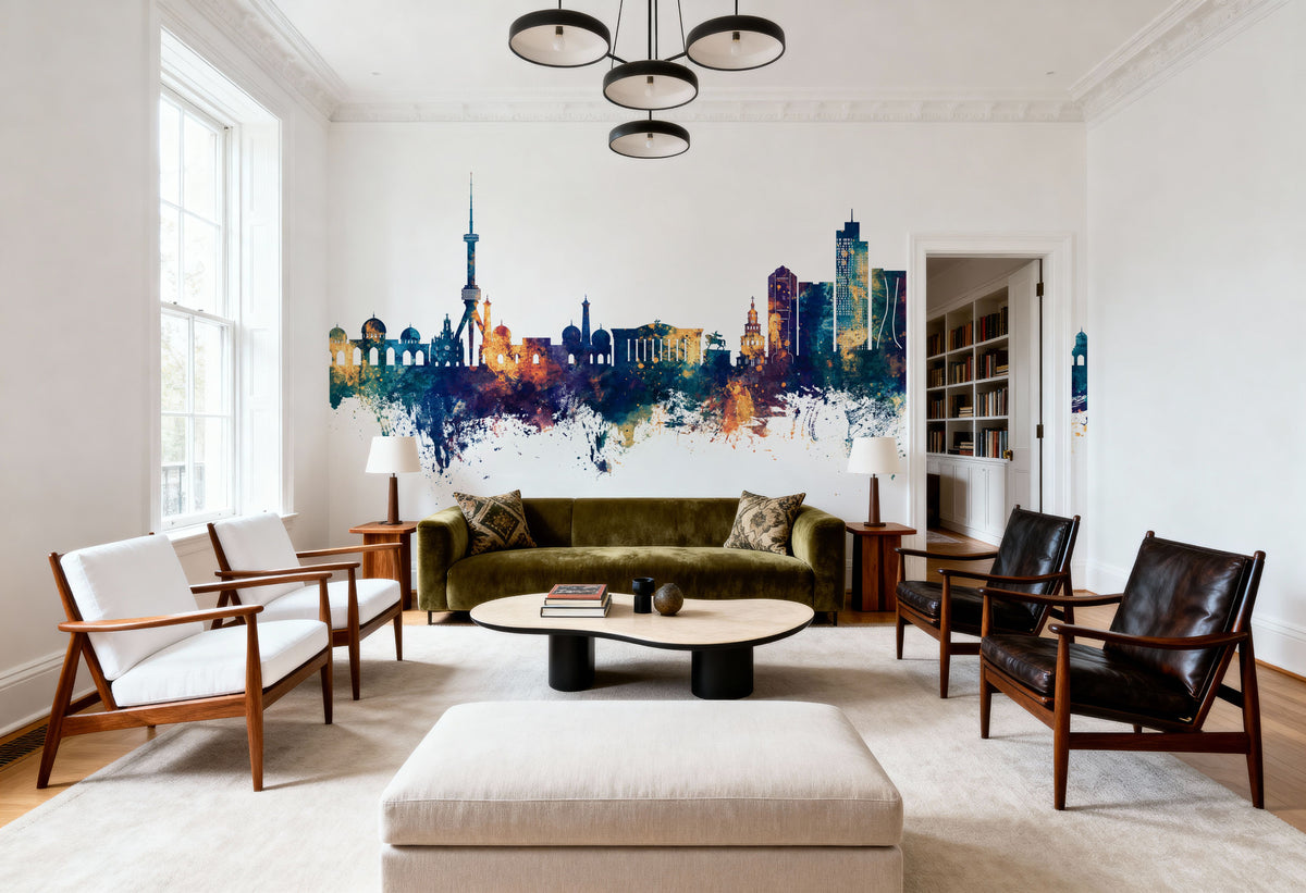 Tashkent Uzbekistan Skyline Blue & Bronze Mural Wallpaper - room preview 02
