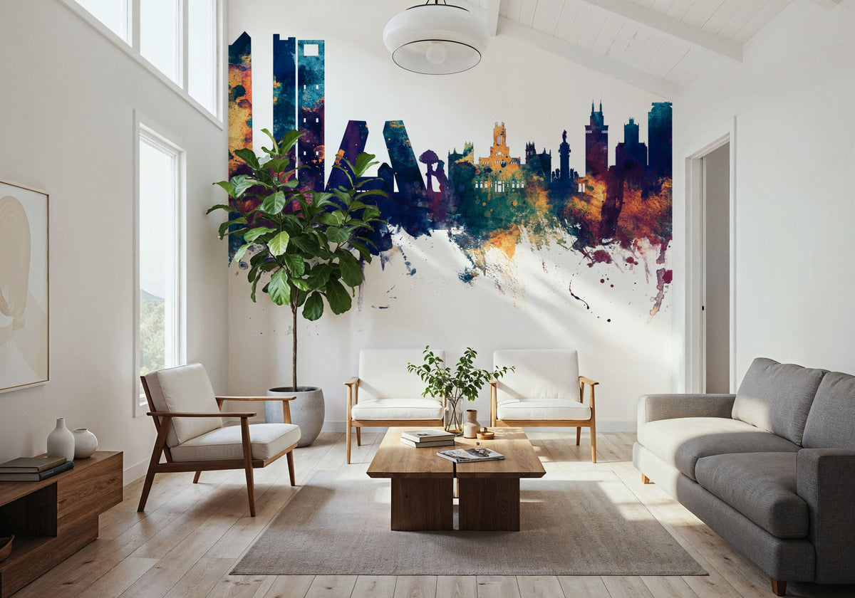 Madrid Skyline Blue & Bronze Mural Wallpaper - room preview 02