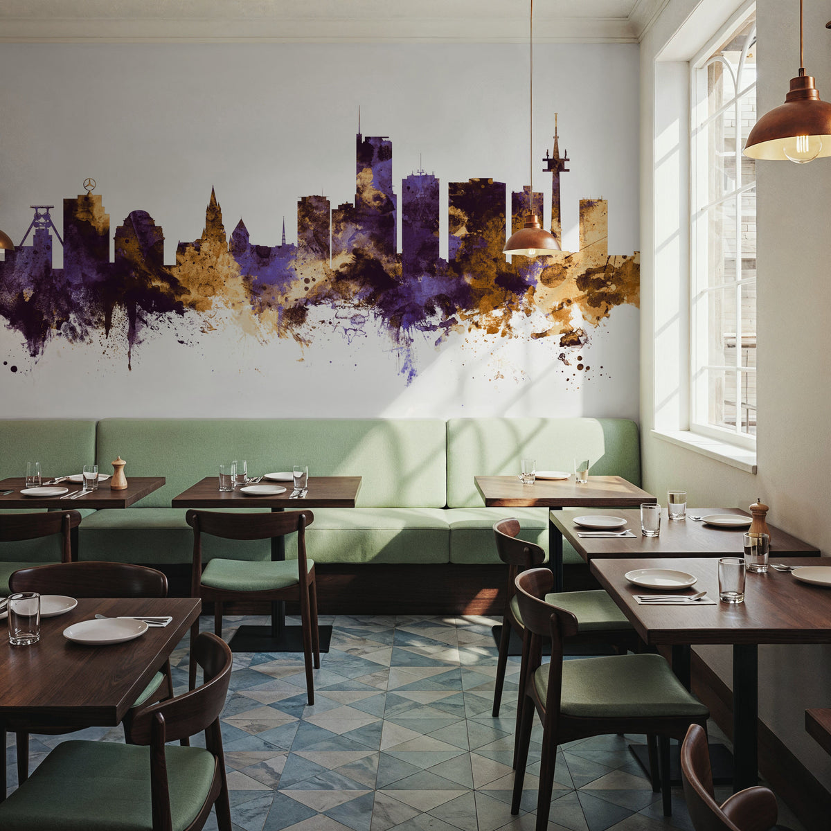 Essen Germany Skyline Purple & Gold Mural Wallpaper - room preview 02