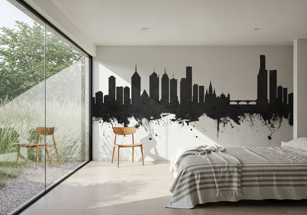 Melbourne Australia Skyline Black & White Mural Wallpaper - room preview 02