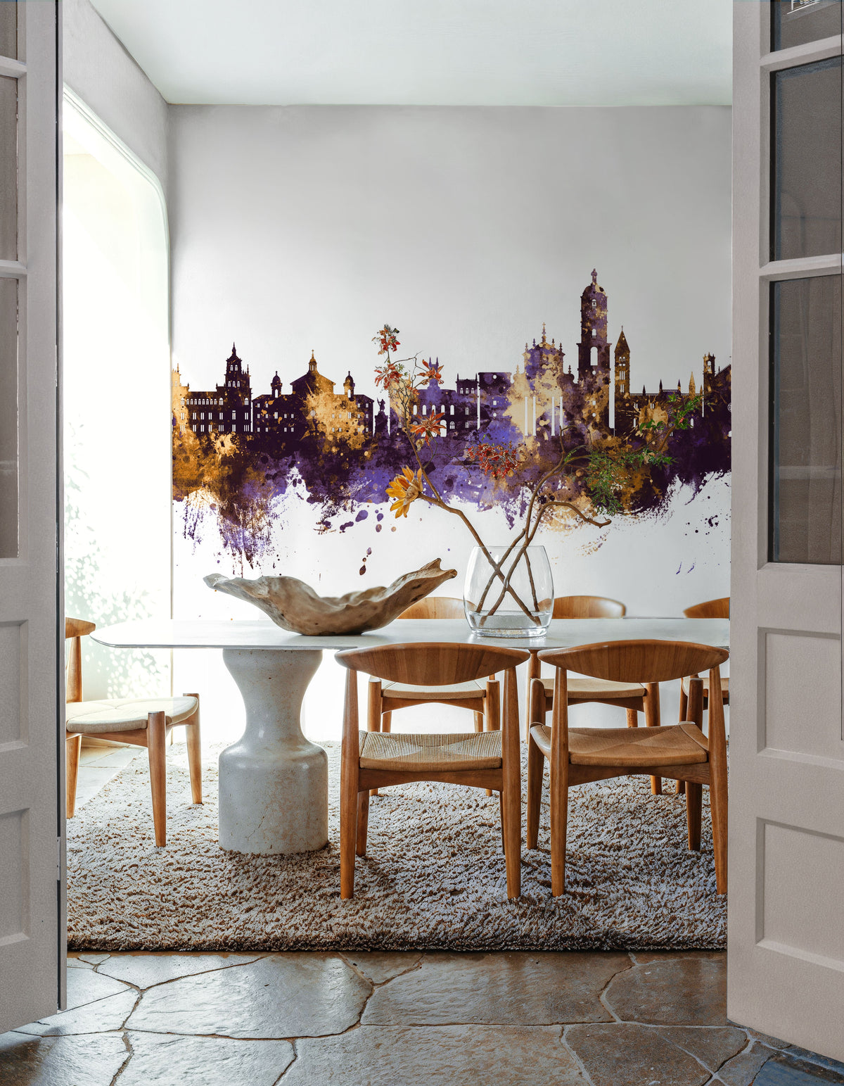 Valladolid Spain Skyline Purple & Gold Mural Wallpaper - room preview 02