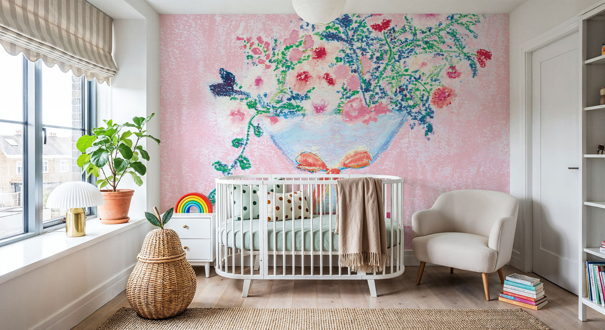 Flower Vases and Books Square Pink Mural Wallpaper - room preview 02