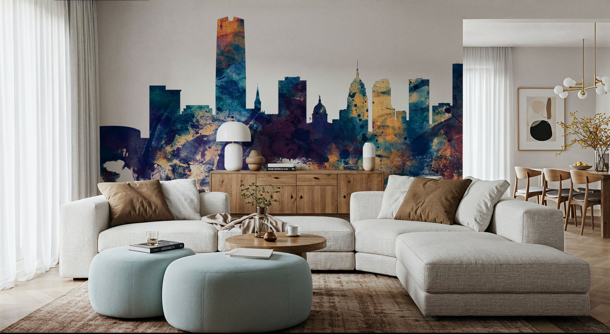 Oklahoma City Skyline Blue & Bronze Mural Wallpaper - room preview 02