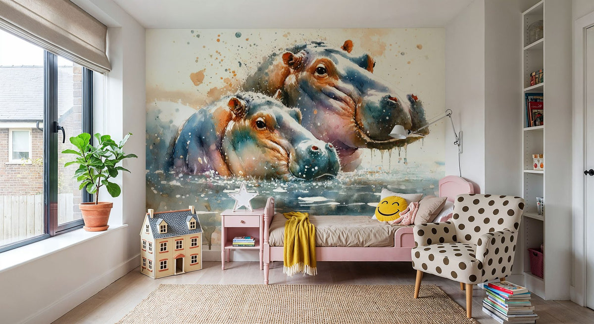 Whispers of the River Hippopotamus Mural Wallpaper - room preview 02
