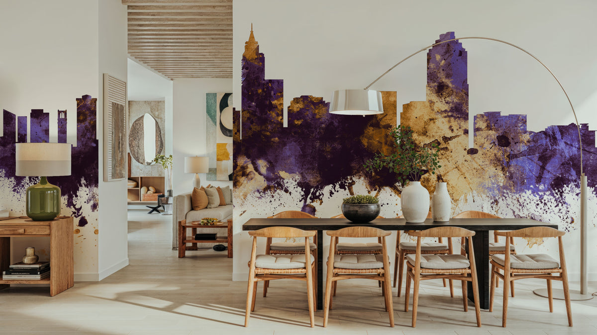 Raleigh North Carolina Skyline Purple & Gold Mural Wallpaper - room preview 02