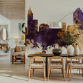 Raleigh North Carolina Skyline Purple & Gold Mural Wallpaper - room preview 02