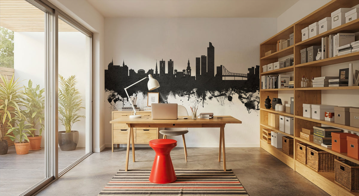 Oslo Skyline Black & White Mural Wallpaper - room preview 02