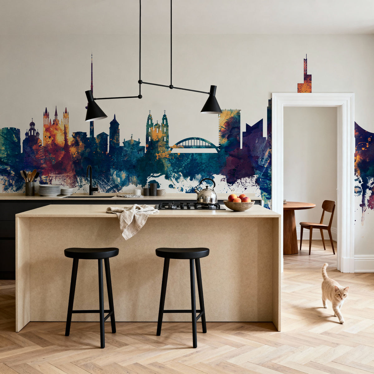 Vilnius Lithuania Skyline Blue & Bronze Mural Wallpaper - room preview 02