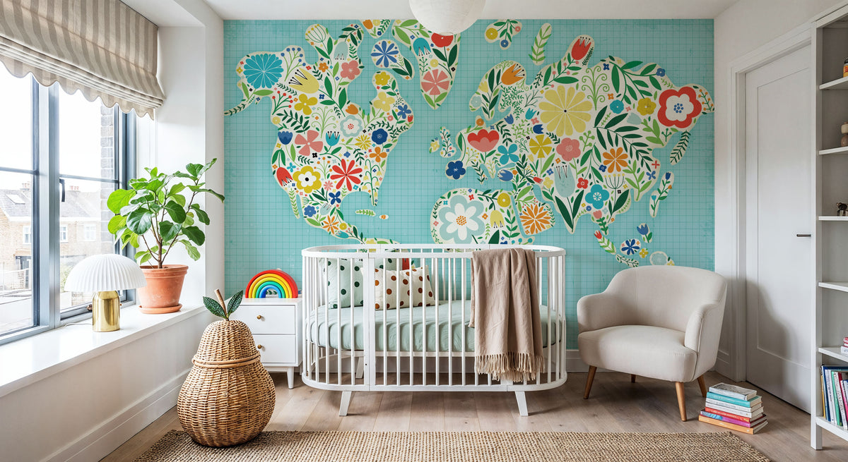 Floral World Blue Mural Wallpaper - room preview 02