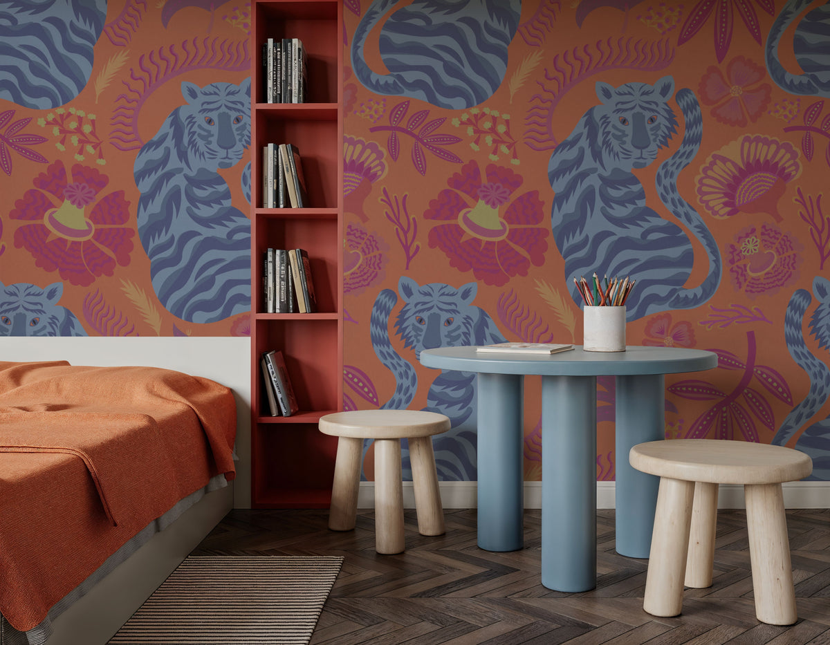 Painterly Tigers Orange Mural Wallpaper - room preview 02