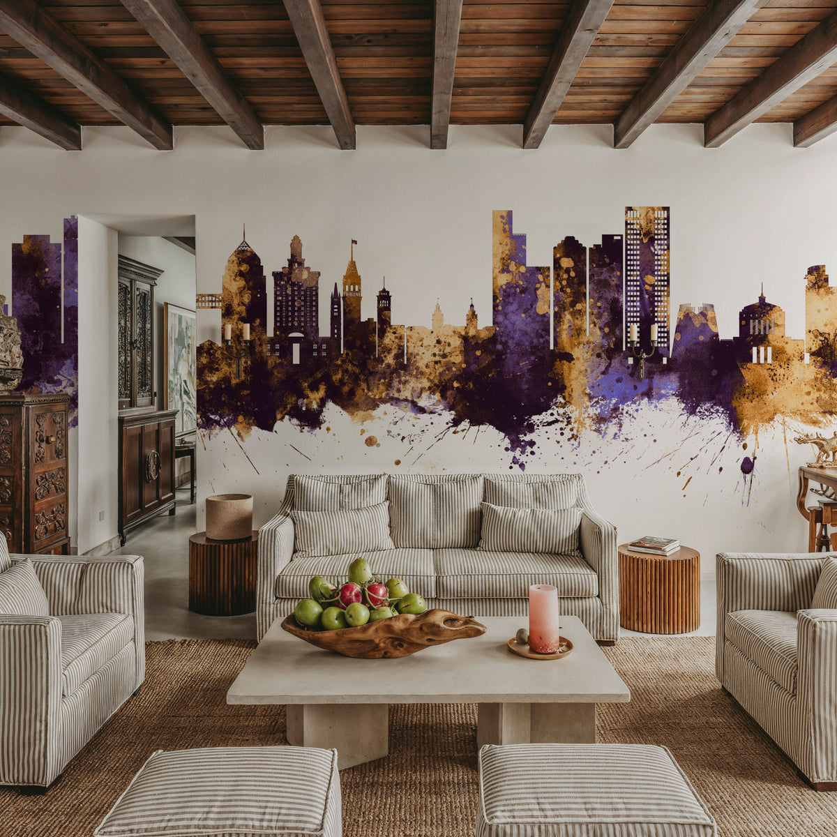 Oakland California Skyline Purple & Gold Mural Wallpaper - room preview 02