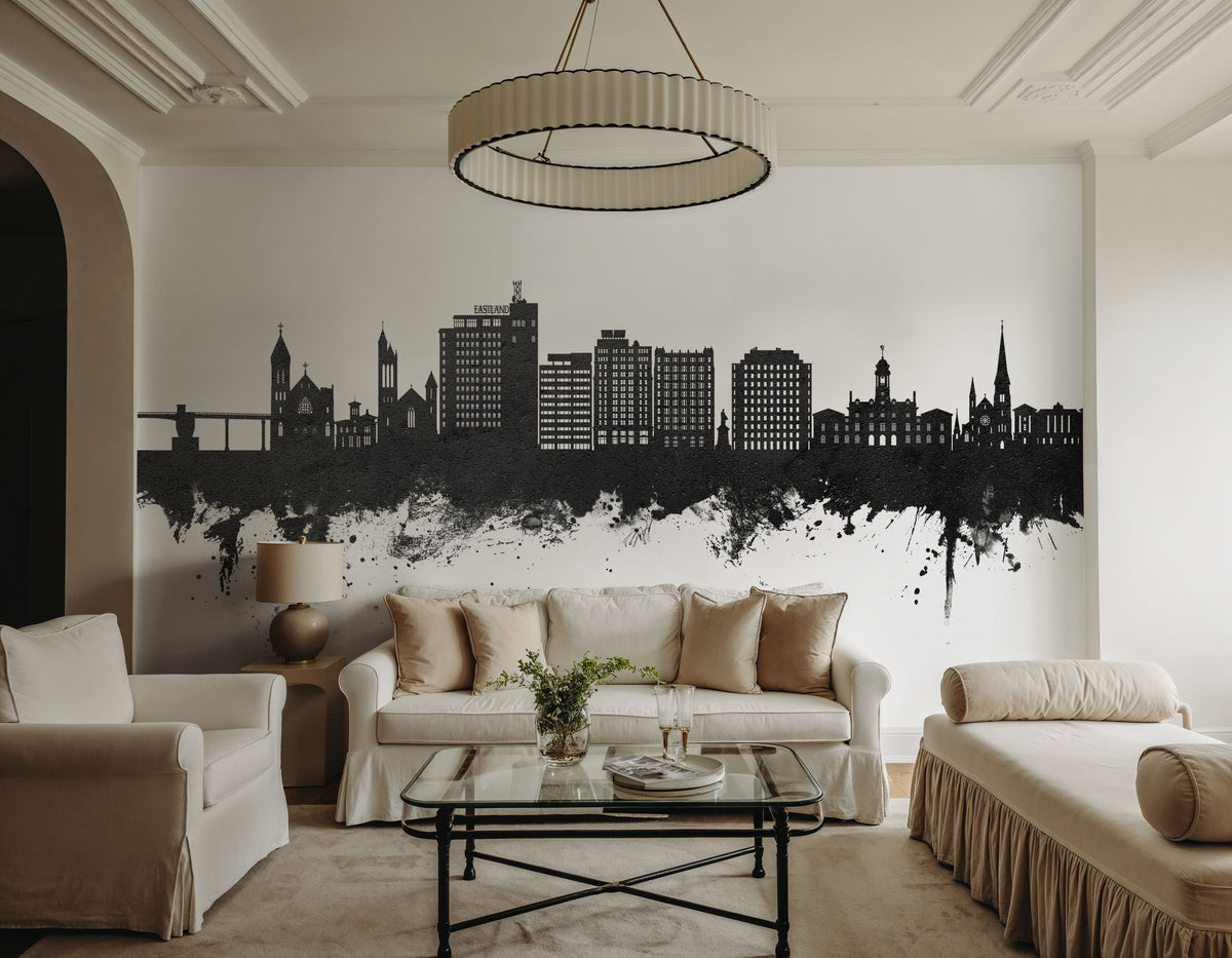 Portland Maine Skyline Black & White Mural Wallpaper - room preview 02