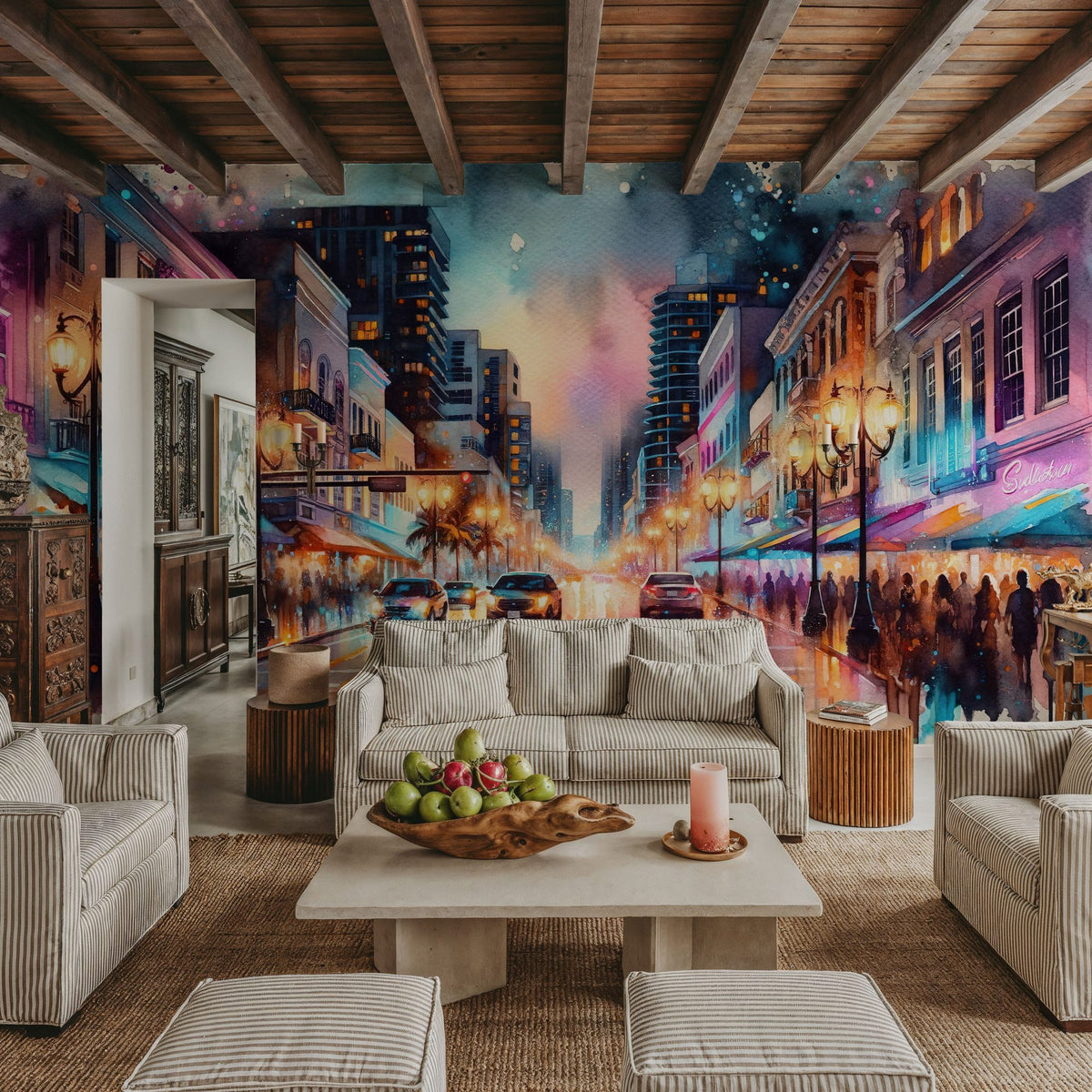 Miami Street At Night Mural Wallpaper - room preview 02