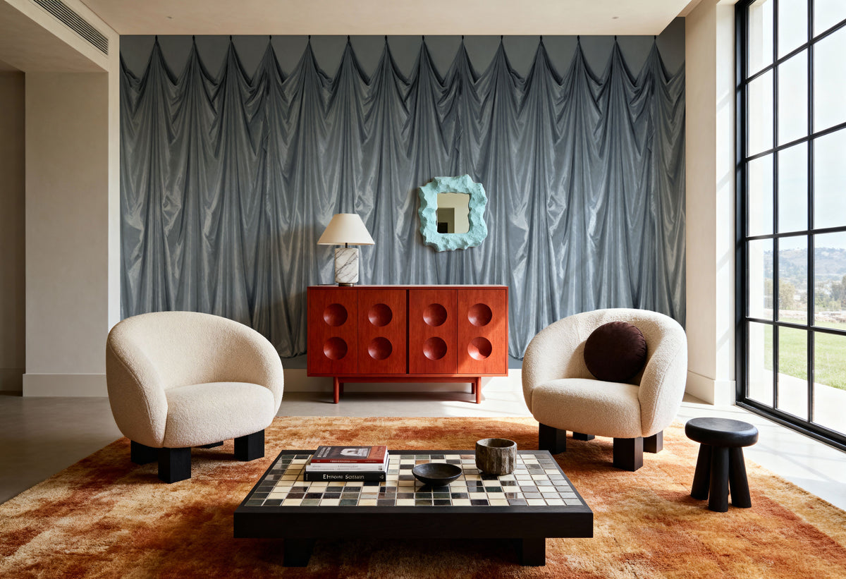 Medici Drapes, Stone Blue Mural Wallpaper - room preview 02