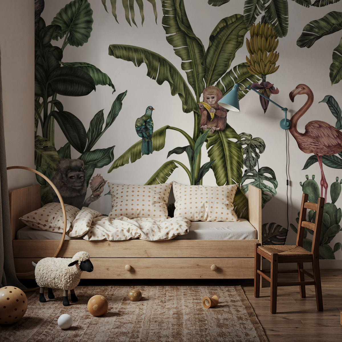 Monkeys with Birds, White Mural Wallpaper - room preview 02