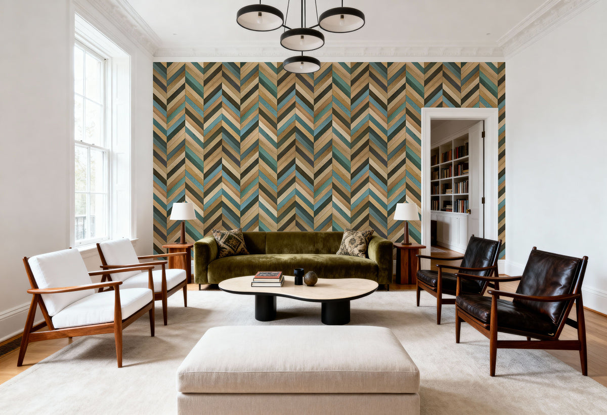 Chevron Wood, Teal Mural Wallpaper - room preview 02