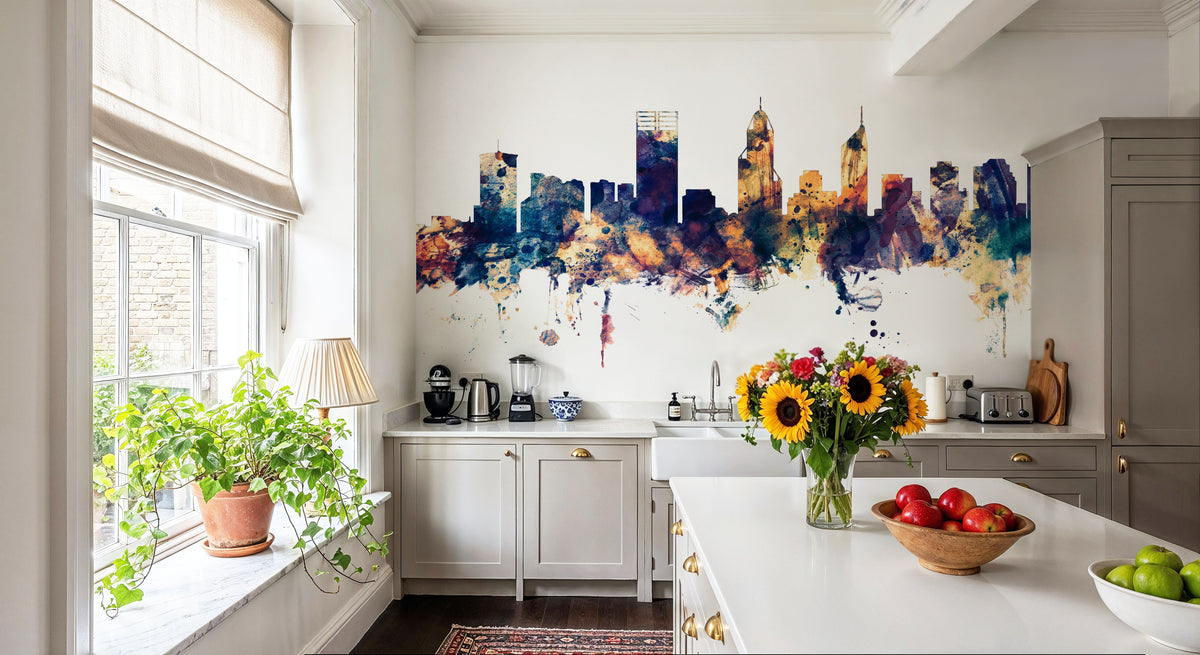 Perth Australia Skyline Blue & Bronze Mural Wallpaper - room preview 02