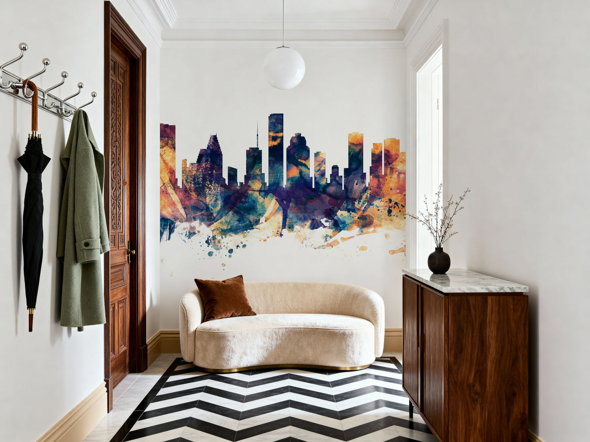 Houston Skyline Blue & Bronze Mural Wallpaper - room preview 02