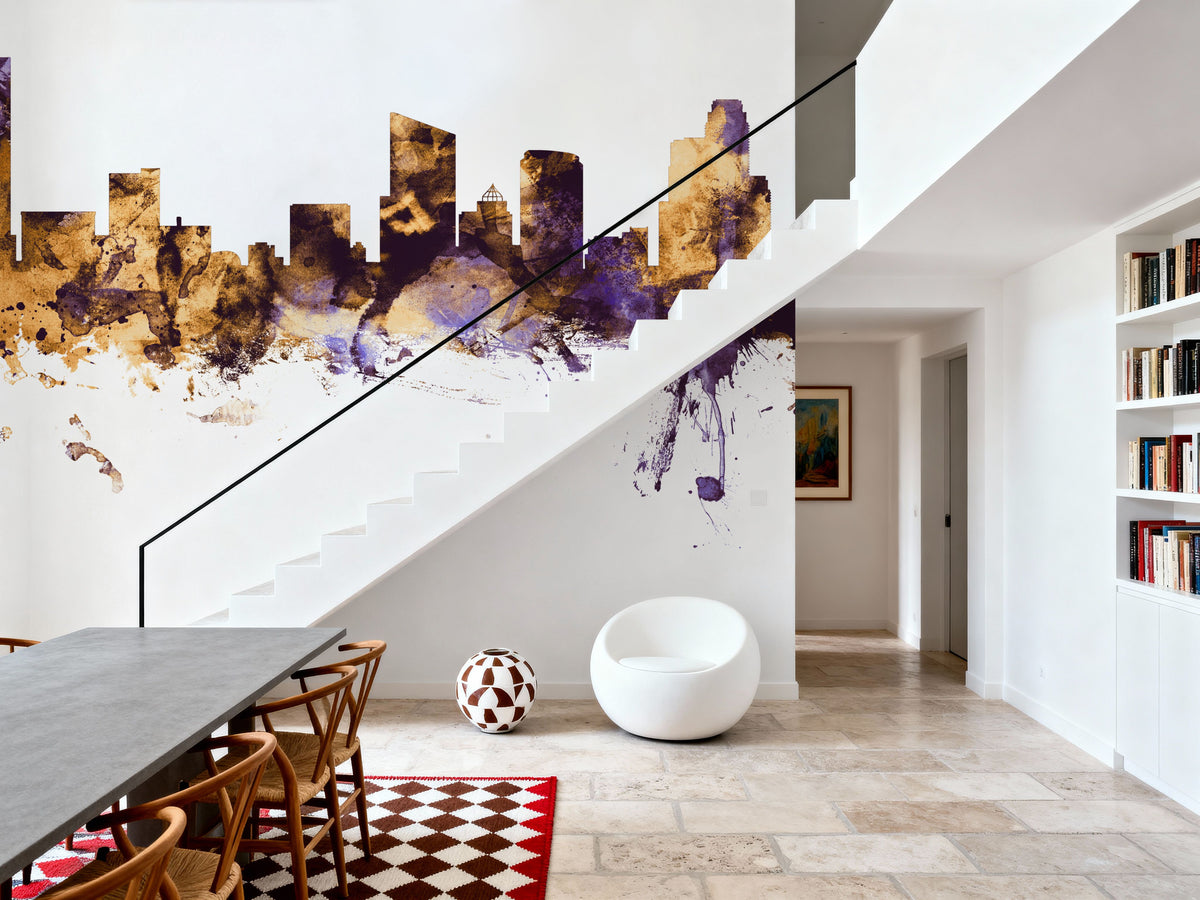 Grand Rapids Michigan Skyline Purple & Gold Mural Wallpaper - room preview 02