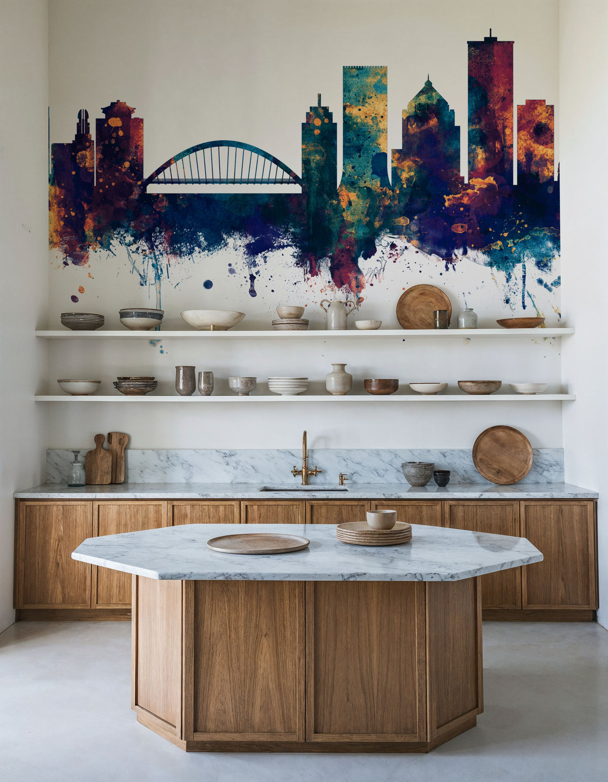 Rochester New York Skyline Blue & Bronze Mural Wallpaper - room preview 02