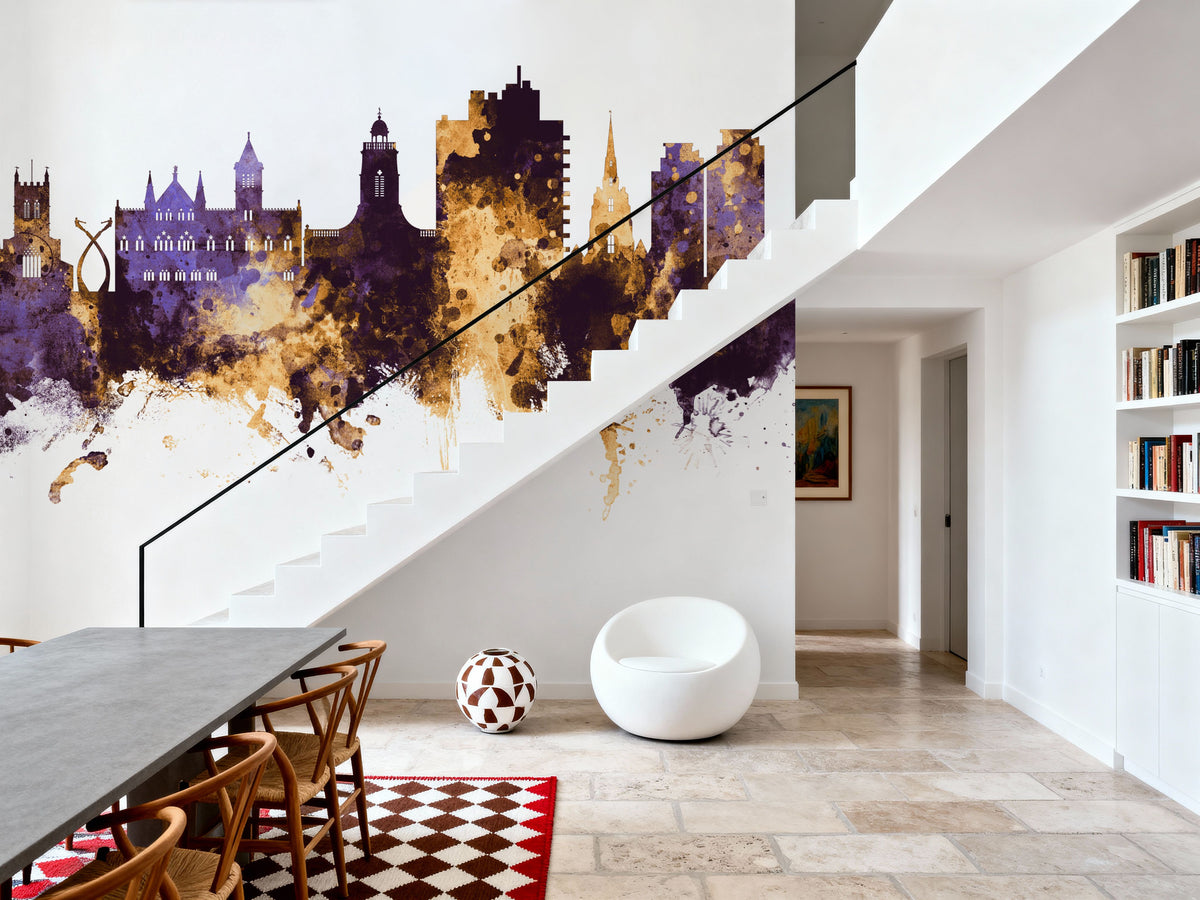 Northampton England Skyline Purple & Gold Mural Wallpaper - room preview 02