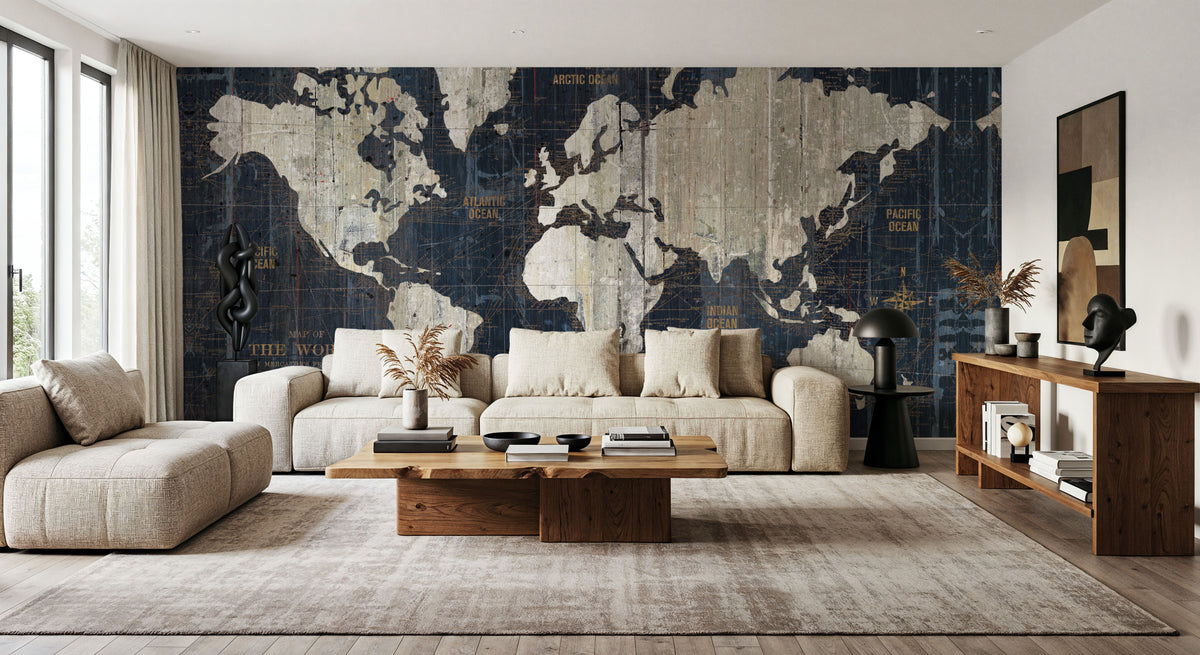 Old World Map Blue Mural Wallpaper - room preview 02