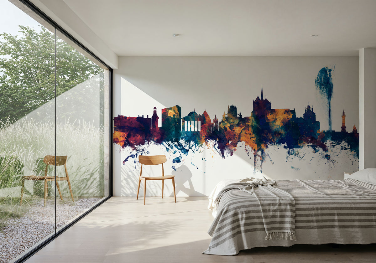 Geneva Switzerland Skyline Blue & Bronze Mural Wallpaper - room preview 02