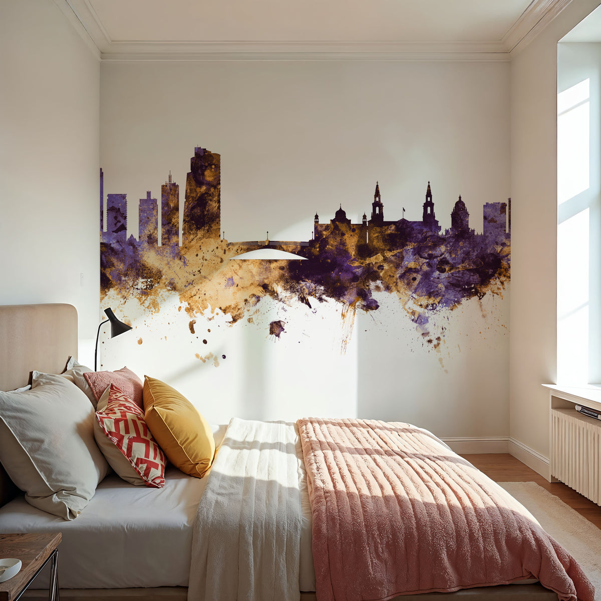 Leeds England Skyline Purple & Gold Mural Wallpaper - room preview 02
