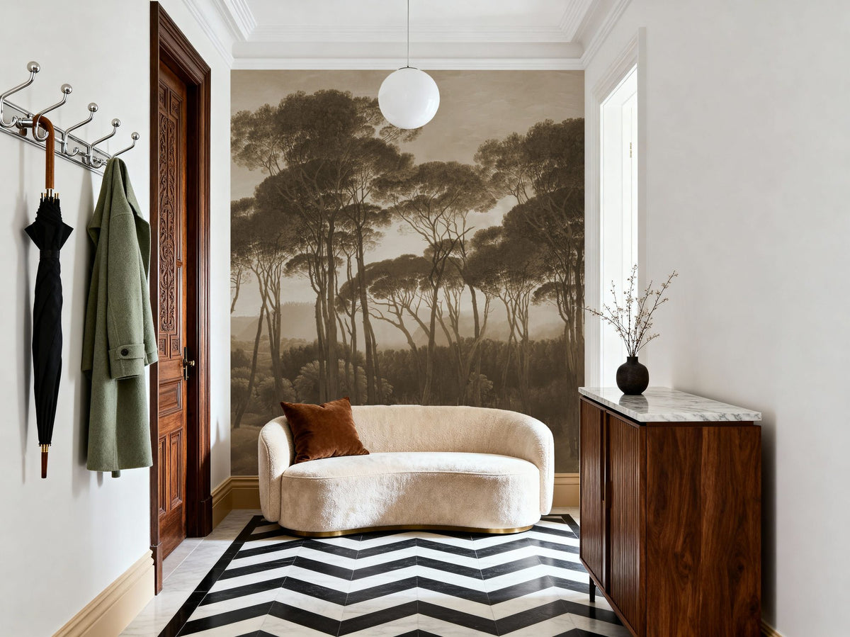 Mediterranean Pine Landscape, Sepia Mural Wallpaper - room preview 02