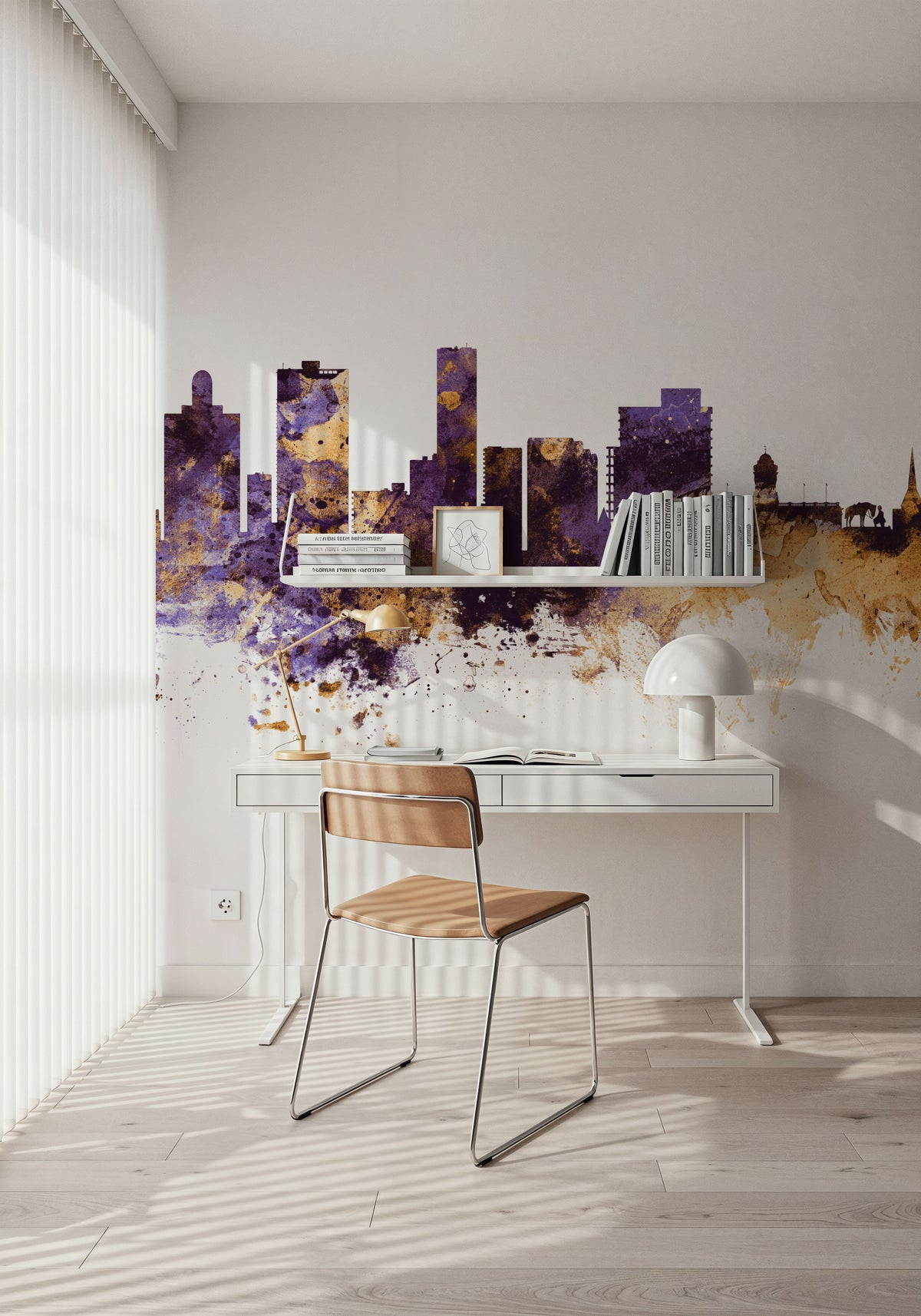 Port Elizabeth South Africa Skyline Purple & Gold Mural Wallpaper - room preview 02
