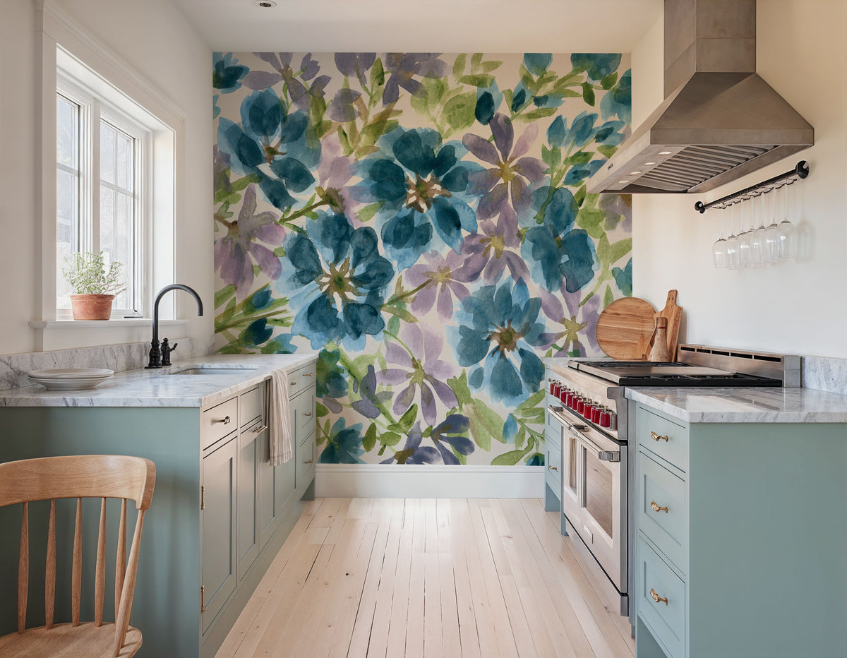Blue Blooms Mural Wallpaper - Neutral Tone - room preview 02