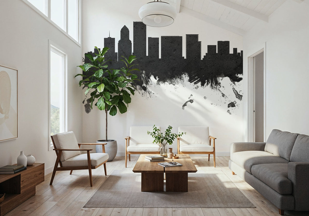 Portland Oregon Skyline Black & White Mural Wallpaper - room preview 02