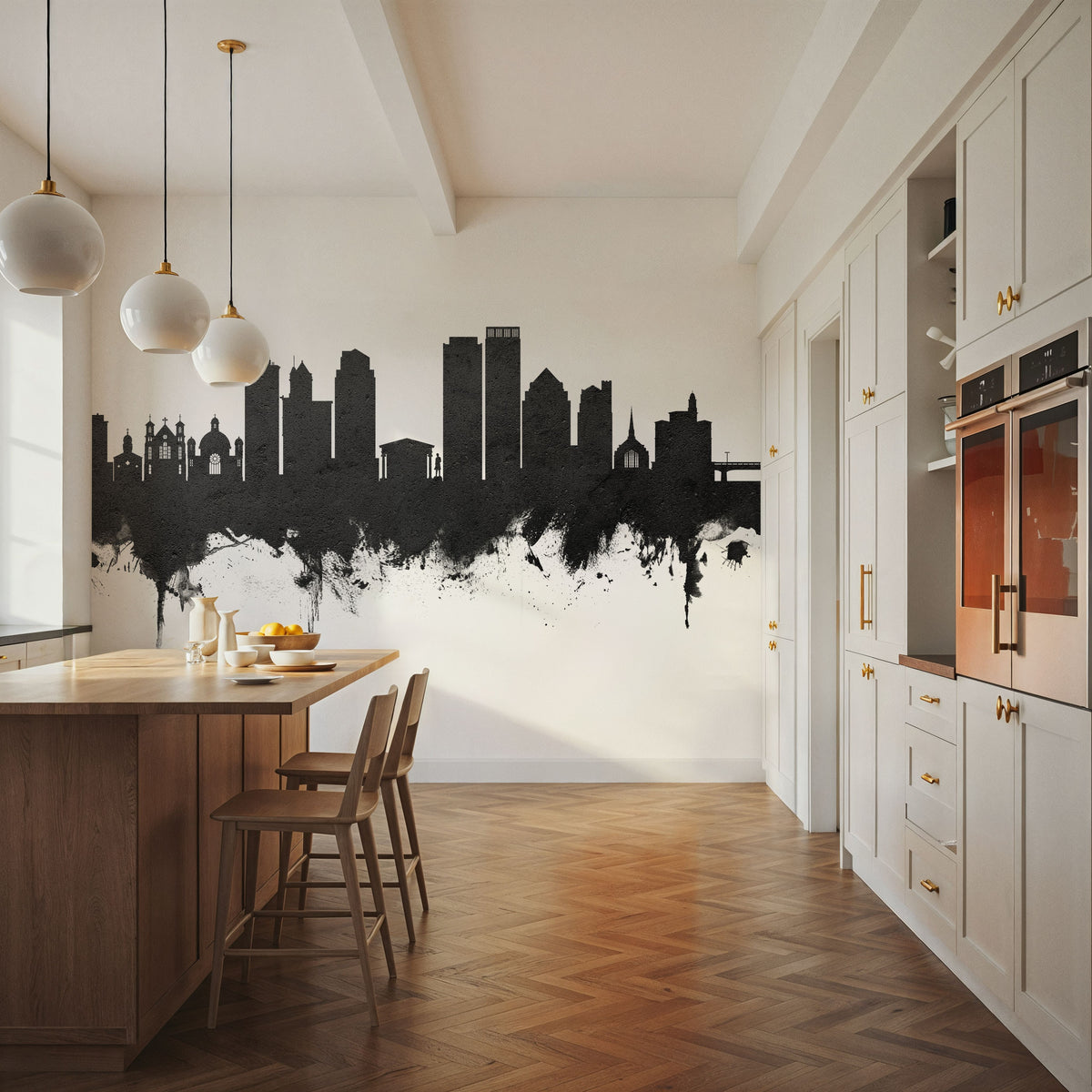 Dayton Ohio Skyline Black & White Mural Wallpaper - room preview 02
