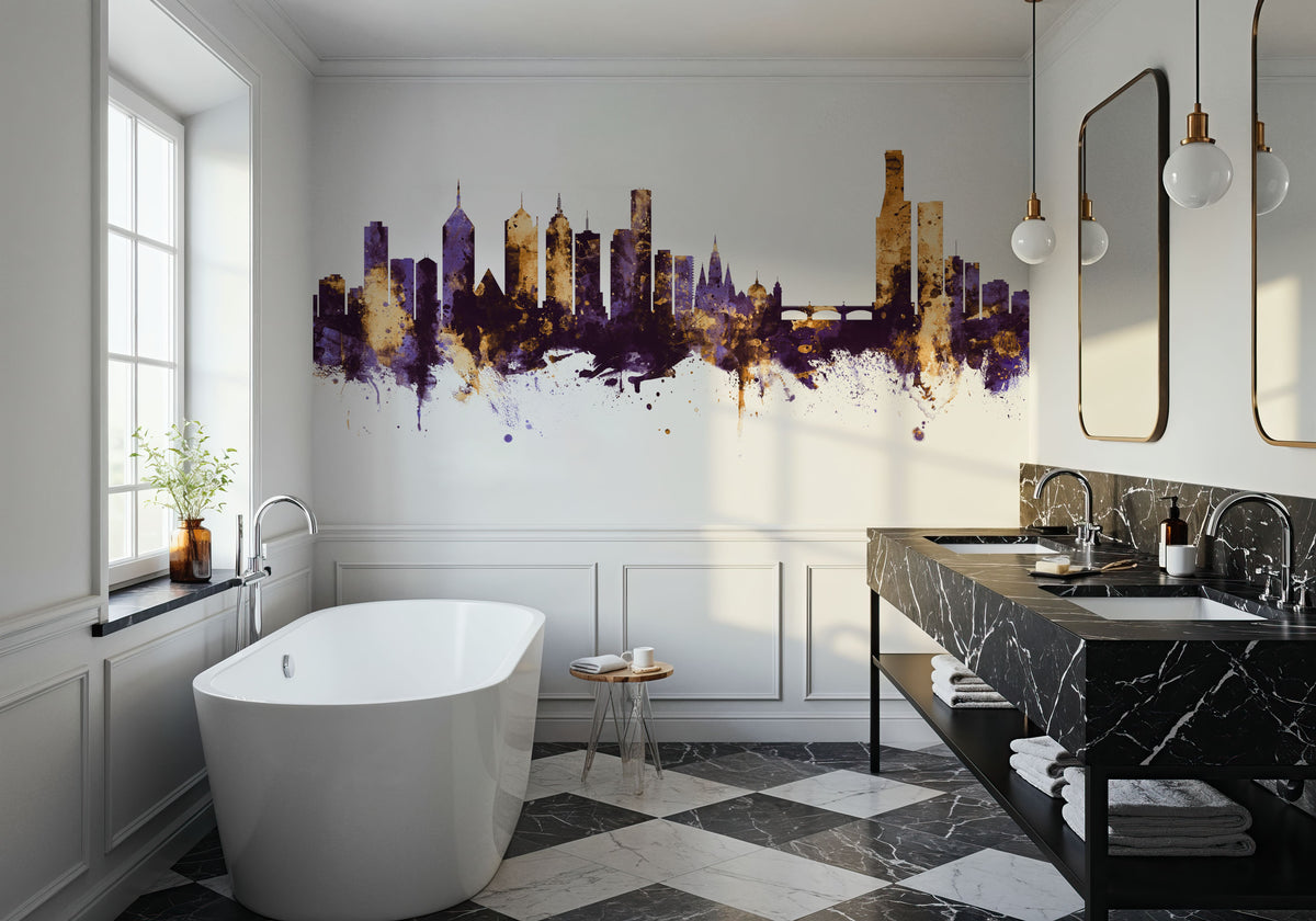 Melbourne Australia Skyline Purple & Gold Mural Wallpaper - room preview 02