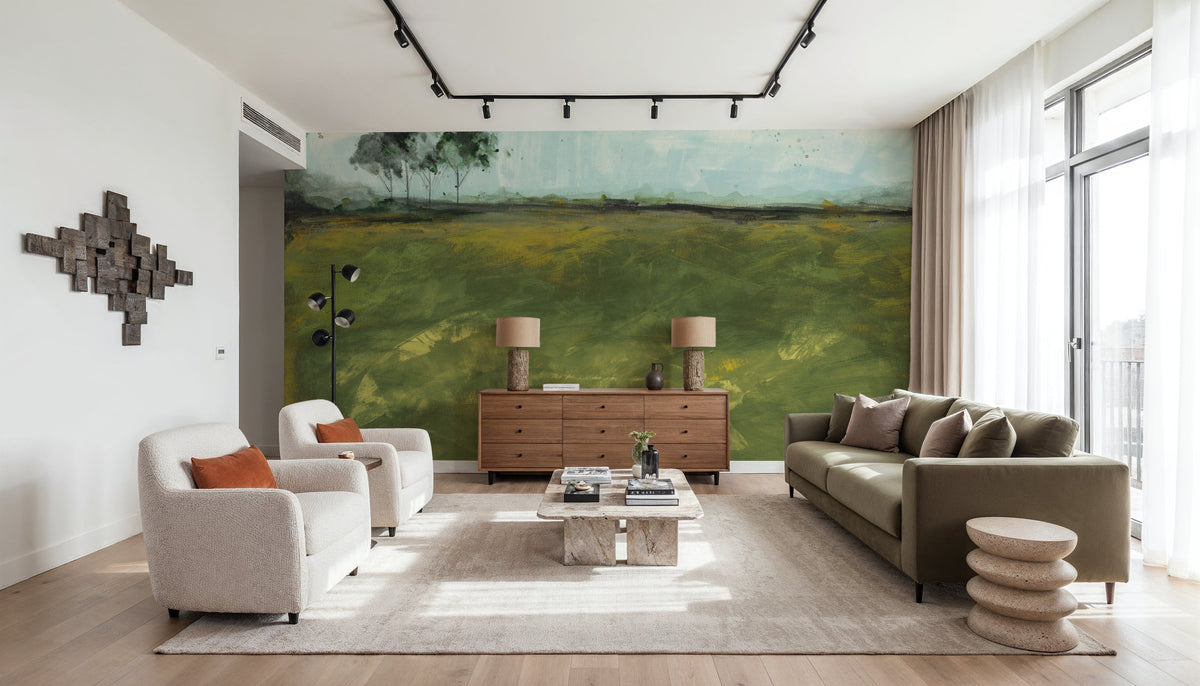 Over the Meadow Green Mural Wallpaper - room preview 02