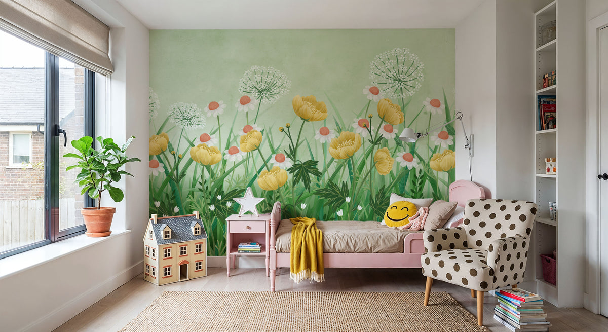 Buttercup Meadow, Green Mural Wallpaper - room preview 02