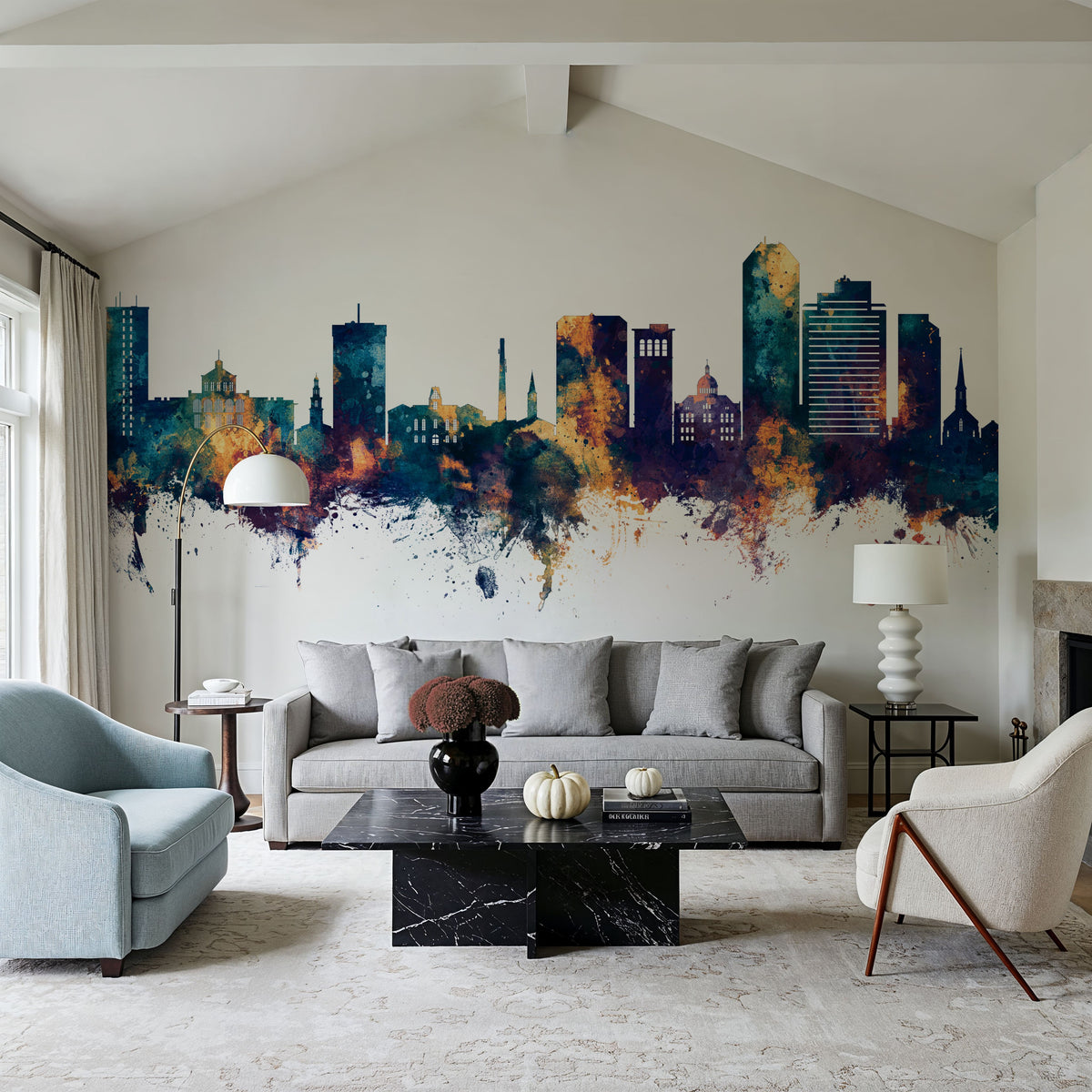 Lexington Kentucky Skyline Blue & Bronze Mural Wallpaper - room preview 02