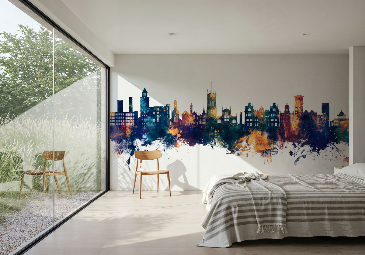 Wigan England Skyline Blue & Bronze Mural Wallpaper - room preview 02
