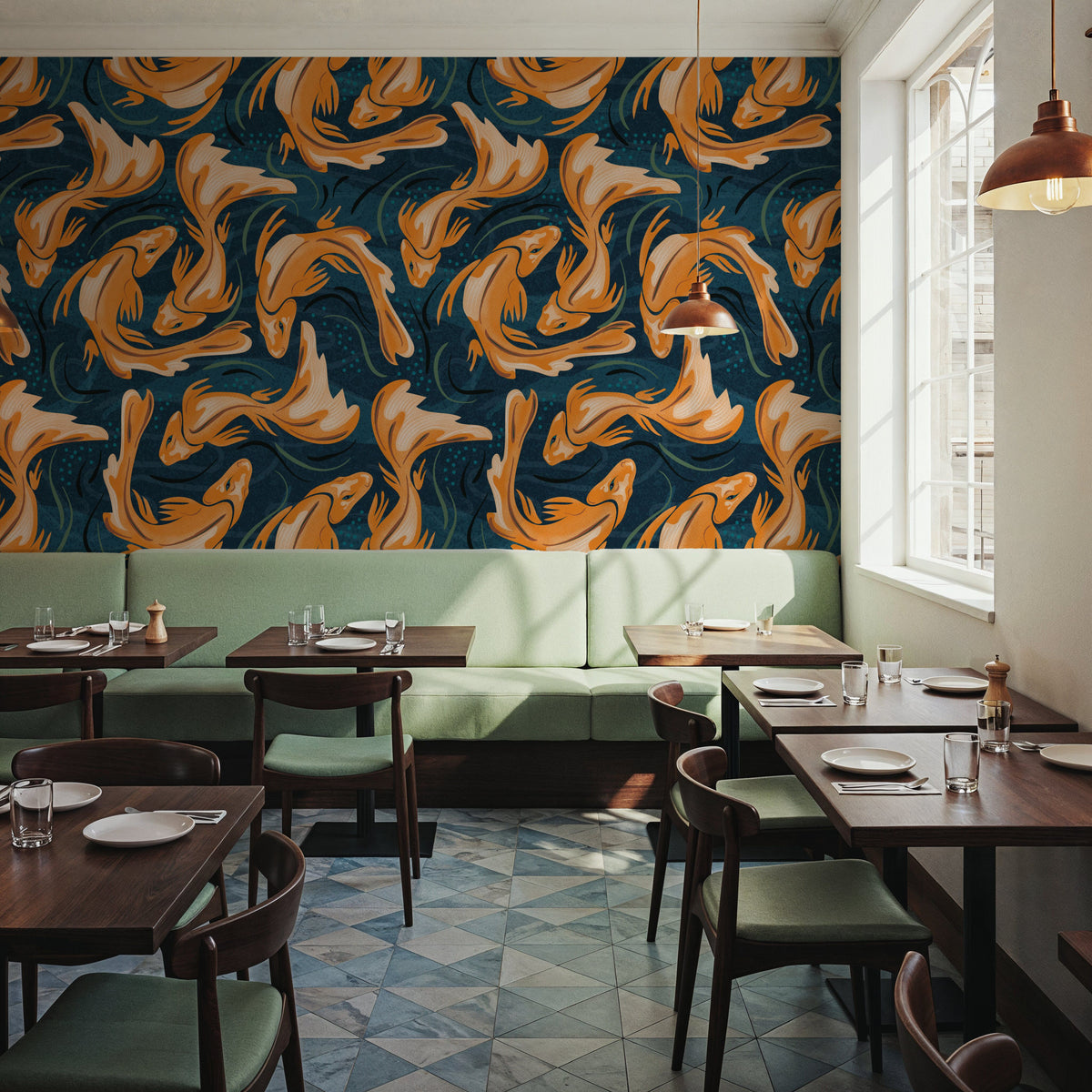 Koi Fish, Ocean Blue Mural Wallpaper - Red Tone - room preview 02